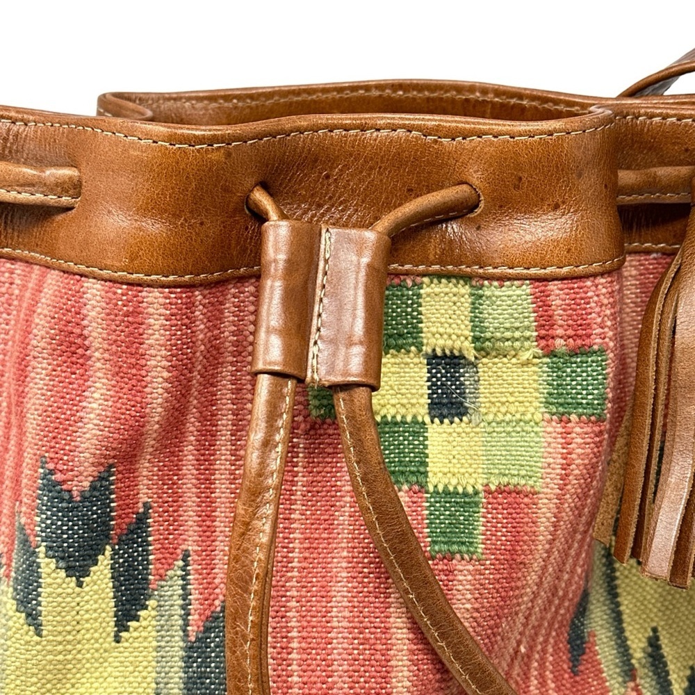 Vintage Multicolor Patterned Bucket Bag, Southwestern, Tribal, Tassel Carpet Bag - Picture 3 of 8